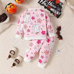 Halloween Children's Wear 2024 Autumn New Baby Halloween Element Pumpkin Ghost Print Long Sleeve suit