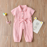 Children's Pink Denim jumpsuit Girls' short-sleeve lapel jumpsuit