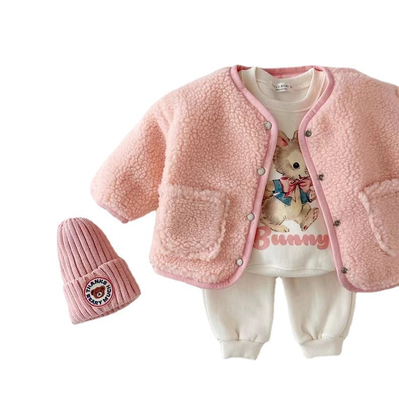 Cute cartoon fleece-lined sweater sports suit two-piece suit