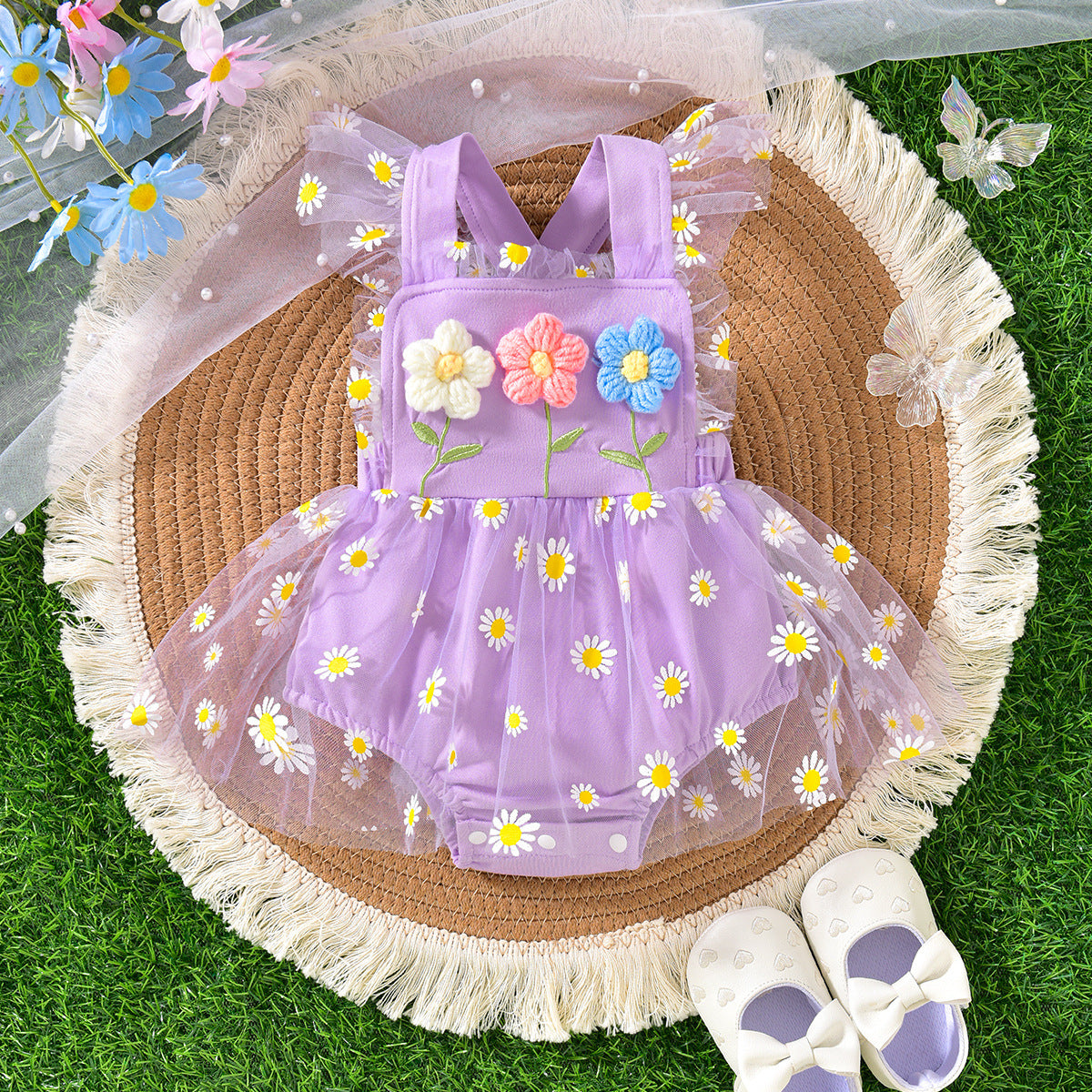Baby Girl Party Dress Cute Sling Three Flowers Stitching Mesh One-piece Dress