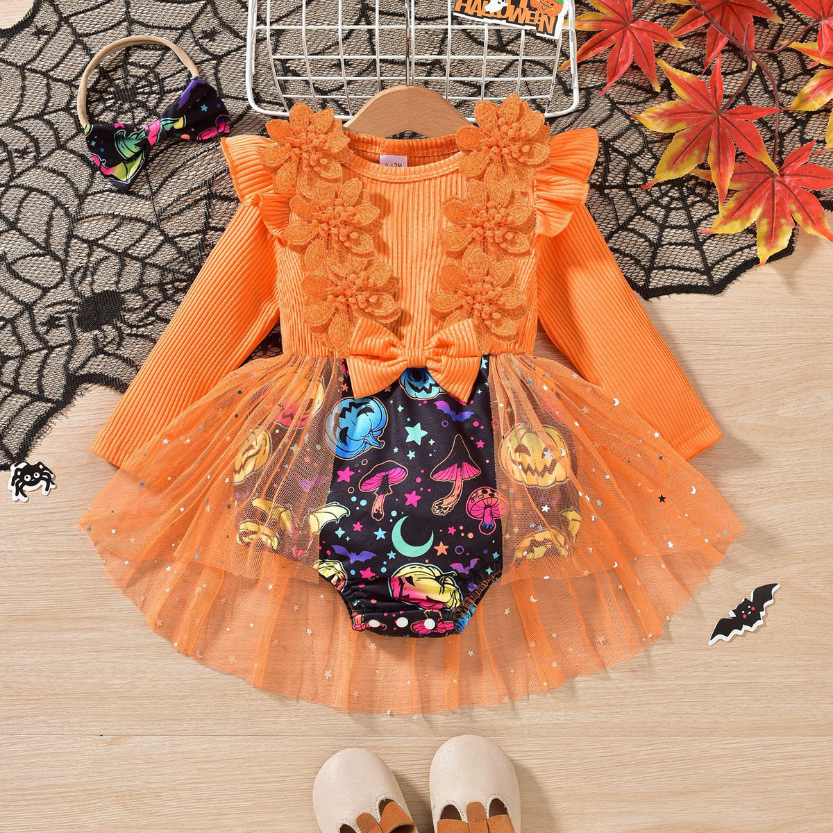 Baby Girl Halloween Party Dress Pit Strip Stitching Mesh Dress
