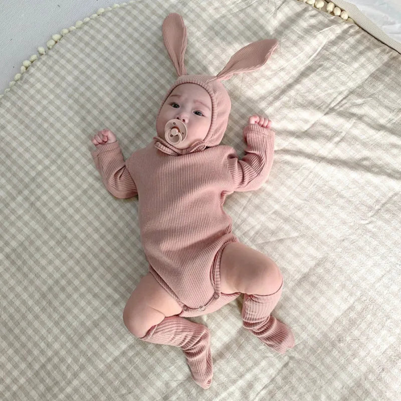 Baby Solid Color Rabbit Bodysuit + Hat + Socks suit