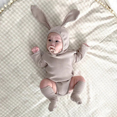 Baby Solid Color Rabbit Bodysuit + Hat + Socks suit