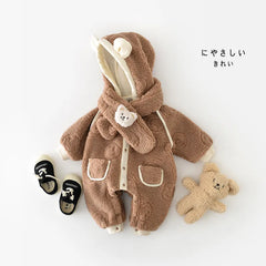 Baby Winter Warm Bear Jumpsuit+Scarf