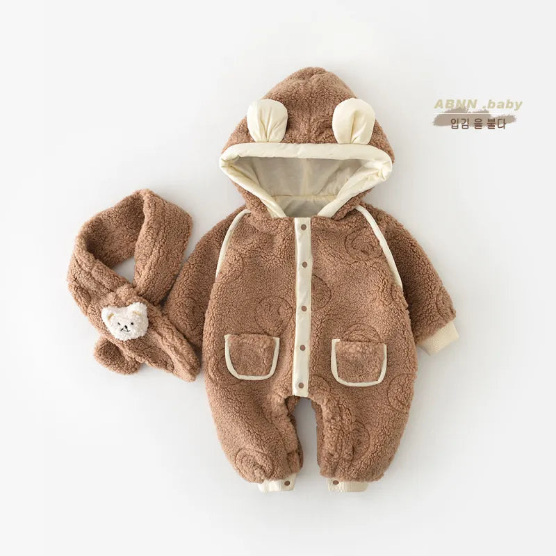 Baby Winter Warm Bear Jumpsuit+Scarf