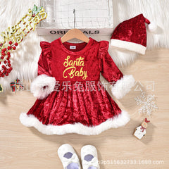 Christmas Letter Printed Mao Mao Long Sleeve Dress Hat Two-Piece Set