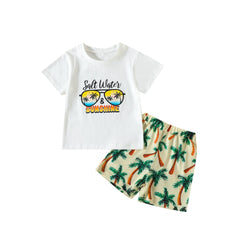 Letter Print Short-sleeved Coconut Tree Shorts Boy Summer Two-piece Set