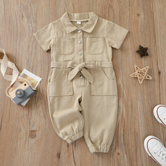 Children's Pink Denim jumpsuit Girls' short-sleeve lapel jumpsuit