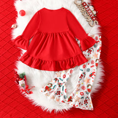 Girl's Fashion Red Letter Christmas Print Two-Piece