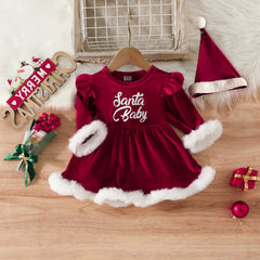 Christmas Letter Printed Mao Mao Long Sleeve Dress Hat Two-Piece Set