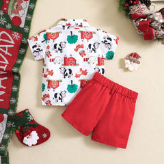 Boy's Christmas Cow Print Short-sleeved Shirt Shorts Two-piece Set