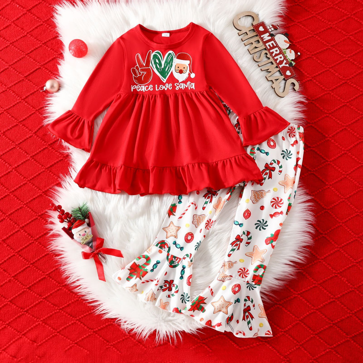 Girl's Fashion Red Letter Christmas Print Two-Piece