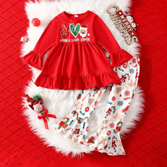 Girl's Fashion Red Letter Christmas Print Two-Piece