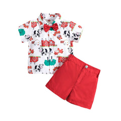 Boy's Christmas Cow Print Short-sleeved Shirt Shorts Two-piece Set