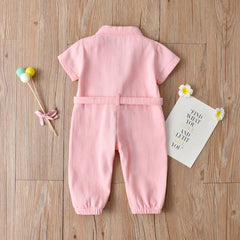 Children's Pink Denim jumpsuit Girls' short-sleeve lapel jumpsuit