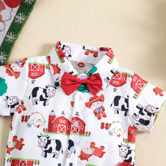 Boy's Christmas Cow Print Short-sleeved Shirt Shorts Two-piece Set