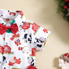 Boy's Christmas Cow Print Short-sleeved Shirt Shorts Two-piece Set