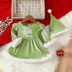 Christmas Letter Printed Mao Mao Long Sleeve Dress Hat Two-Piece Set