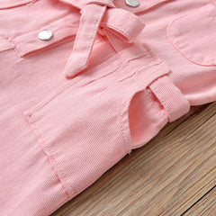 Children's Pink Denim jumpsuit Girls' short-sleeve lapel jumpsuit