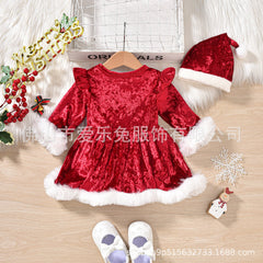 Christmas Letter Printed Mao Mao Long Sleeve Dress Hat Two-Piece Set