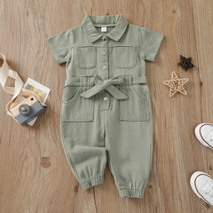 Children's Pink Denim jumpsuit Girls' short-sleeve lapel jumpsuit