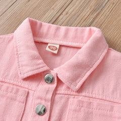 Children's Pink Denim jumpsuit Girls' short-sleeve lapel jumpsuit