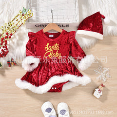 Christmas Letter Printed Mao Mao Long Sleeve Dress Hat Two-Piece Set