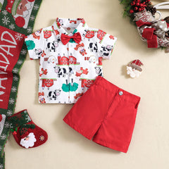 Boy's Christmas Cow Print Short-sleeved Shirt Shorts Two-piece Set