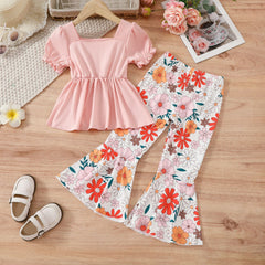 Pink Square Collar Lantern Sleeve Fashion Girl Dress Floral Print Flared Pants Suit