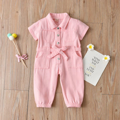 Children's Pink Denim jumpsuit Girls' short-sleeve lapel jumpsuit