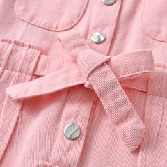 Children's Pink Denim jumpsuit Girls' short-sleeve lapel jumpsuit