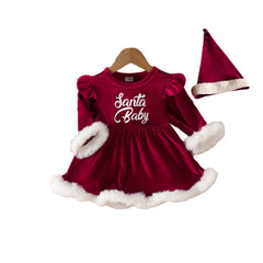 Christmas Letter Printed Mao Mao Long Sleeve Dress Hat Two-Piece Set