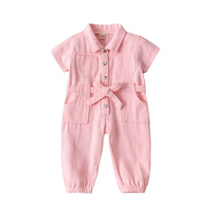 Children's Pink Denim jumpsuit Girls' short-sleeve lapel jumpsuit