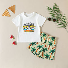 Letter Print Short-sleeved Coconut Tree Shorts Boy Summer Two-piece Set