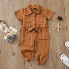 Children's Pink Denim jumpsuit Girls' short-sleeve lapel jumpsuit