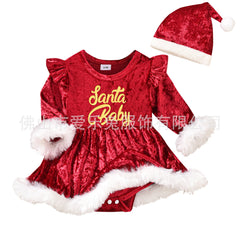 Christmas Letter Printed Mao Mao Long Sleeve Dress Hat Two-Piece Set