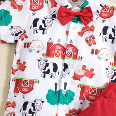 Boy's Christmas Cow Print Short-sleeved Shirt Shorts Two-piece Set