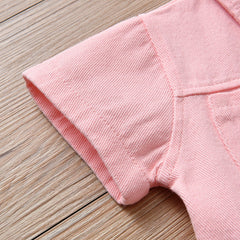 Children's Pink Denim jumpsuit Girls' short-sleeve lapel jumpsuit